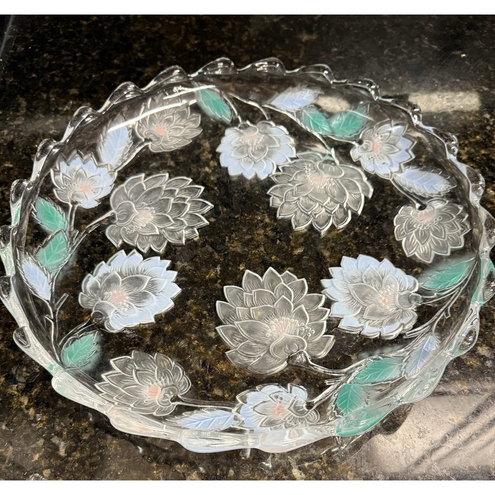 Glass Clear Chrysanthemum Frosted Blue Green Floral 13" Round Embossed Platter